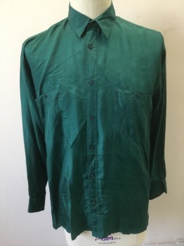 Mens, Club Shirt, ROBERT STOCK, Teal Green, Silk, Solid, L, Long Sleeve Button Front, Collar Attached, 2 Patch Pockets with Button Closures, Oversized Fit,