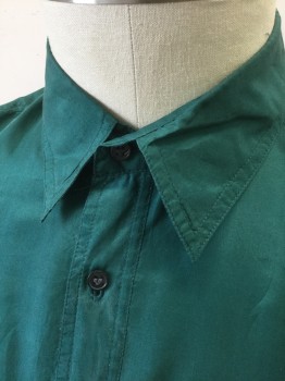 Mens, Club Shirt, ROBERT STOCK, Teal Green, Silk, Solid, L, Long Sleeve Button Front, Collar Attached, 2 Patch Pockets with Button Closures, Oversized Fit,
