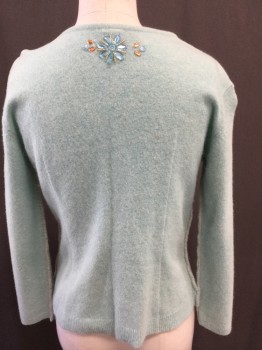Womens, Sweater, FREE PEOPLE, Aqua Blue, Lt Blue, Pink, Gold, Lavender Purple, Wool, Angora, Solid, M, Scoop Neck, Rhinestone Button Front, Assorted Jewel Applique, 3/4 Sleeve, Blanket Stitch Side Detail