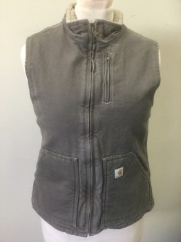 Womens, Vest, CARHARTT, Gray, Taupe, Cotton, Polyester, Solid, S, Work Vest, Twill Outside, Beige Fleece Inside, Zip Front, Stand Collar, 3 Pockets