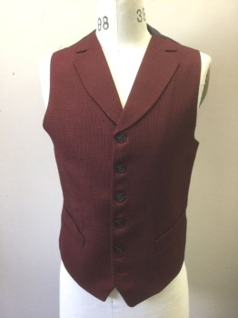 Mens, Historical Fiction Vest, TONY BONNICI, Dk Red, Black, Wool, Houndstooth, 38, Dark Red and Black Houndstooth, Single Breasted, Notched Lapel, 2 Welt Pockets, Solid Black Lining and Back, Belted Back, is Contemporary But Looks Period