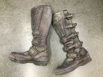 Mens, Sci-Fi/Fantasy Boots , MTO, Gray, Red Burgundy, Leather, Plastic, 10, Made To Order, Knee High Sci Fiction/Slim Fit, Boots, Painted Gray Burgundy Leather, Velcro and Plastic Clasp Closures. Multiples
