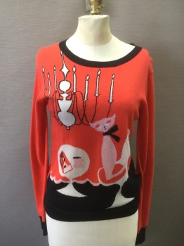 Womens, Pullover Sweater, TWINKLE, Coral Orange, Black, White, Pink, Wool, Cashmere, Novelty Pattern, M, with Pink Cat Under Chandelier Knit, Scoop Neck, Black Ribbed Knit Collar/Cuff/Waistband