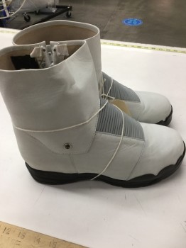 Mens, Sci-Fi/Fantasy Boots , MTO, White, Gray, Black, Leather, Rubber, Color Blocking, 10, Inner Zip, White with Gray Piping, Black Sole