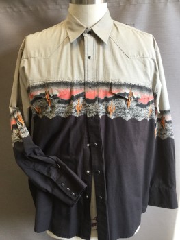 WRANGLER, Gray, Black, Salmon Pink, Orange, Cotton, Novelty Pattern, Collar Attached, Khaki/gray Upper Top with Cactus/desert Landscape and Solid Black Bottom, Collar Attached, Yoke Front & Back, Black with Silver Trim Snap Front, 2 Pockets with Flap, Long Sleeves, Curved Hem