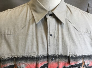 Mens, Western, WRANGLER, Gray, Black, Salmon Pink, Orange, Cotton, Novelty Pattern, 2XL, Collar Attached, Khaki/gray Upper Top with Cactus/desert Landscape and Solid Black Bottom, Collar Attached, Yoke Front & Back, Black with Silver Trim Snap Front, 2 Pockets with Flap, Long Sleeves, Curved Hem