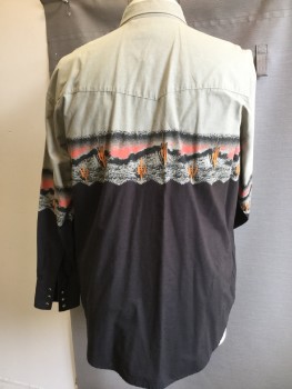 Mens, Western, WRANGLER, Gray, Black, Salmon Pink, Orange, Cotton, Novelty Pattern, 2XL, Collar Attached, Khaki/gray Upper Top with Cactus/desert Landscape and Solid Black Bottom, Collar Attached, Yoke Front & Back, Black with Silver Trim Snap Front, 2 Pockets with Flap, Long Sleeves, Curved Hem