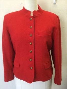 SIGNATURE COLLECTION, Red, Wool, Solid, Thick Wool, 7 Small Gold Embossed Buttons at Front, Stand Collar, 3 Pockets, Padded Shoulders