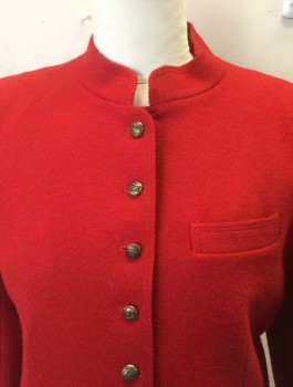 Womens, Blazer, SIGNATURE COLLECTION, Red, Wool, Solid, B <42", L, Thick Wool, 7 Small Gold Embossed Buttons at Front, Stand Collar, 3 Pockets, Padded Shoulders