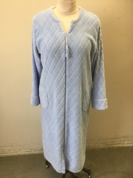 Womens, SPA Robe, HEAVENLY BODIES, Powder Blue, Polyester, Solid, Diamonds, M, Plush Fleece with Self Diamond Texture, Long Sleeves, Zip Front, Ankle Length, Round Neck,  Zipper Pull Has Attached Tassle, 2 Side Pockets