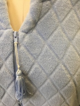 Womens, SPA Robe, HEAVENLY BODIES, Powder Blue, Polyester, Solid, Diamonds, M, Plush Fleece with Self Diamond Texture, Long Sleeves, Zip Front, Ankle Length, Round Neck,  Zipper Pull Has Attached Tassle, 2 Side Pockets