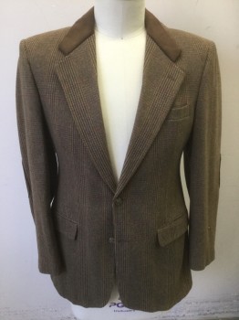 Mens, Sportcoat/Blazer, NORDSTROM, Brown, Lt Brown, Charcoal Gray, Brick Red, Ochre Brown-Yellow, Glen Plaid, 42L, Shades of Brown with Brick Red and Ochre Accents Glen Plaid, Camel Hair, Single Breasted, Notched Lapel, Top of Lapel is Solid Brown Faux Suede, Brown Faux Suede Elbow Patches, 2 Buttons, 3 Pockets