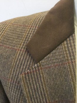 Mens, Sportcoat/Blazer, NORDSTROM, Brown, Lt Brown, Charcoal Gray, Brick Red, Ochre Brown-Yellow, Glen Plaid, 42L, Shades of Brown with Brick Red and Ochre Accents Glen Plaid, Camel Hair, Single Breasted, Notched Lapel, Top of Lapel is Solid Brown Faux Suede, Brown Faux Suede Elbow Patches, 2 Buttons, 3 Pockets