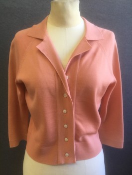 N/L, Peachy Pink, Orlon Acrylic, Solid, Knit, Cardigan, 3/4 Raglan Sleeves, V-neck with Notched Collar, Cream Buttons at Center Front, Fitted,