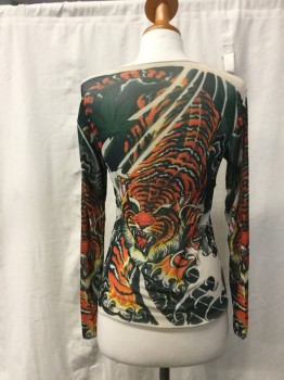 Womens, Top, NL, Cream, Orange, Forest Green, Polyester, Novelty Pattern, Ch34, Tiger Image on Sheer Mesh Knit. Crew Neck, Long Sleeves,