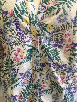Womens, Scrub Jacket Women, LANDAU, White, Green, Purple, Yellow, Pink, Poly/Cotton, Floral, L, Floral on White Background, Low Cut Snap Front, Long Sleeves, White Ribbed Knit Cuff, 2 Patch Pockets, Smocked Elastic Back Waist