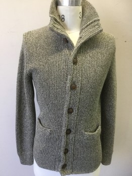Mens, Cardigan Sweater, J CREW, Lt Olive Grn, Olive Green, White, Cotton, 2 Color Weave, 36/38, Small, 8  Buttons,  2 Pockets, Tall Collar