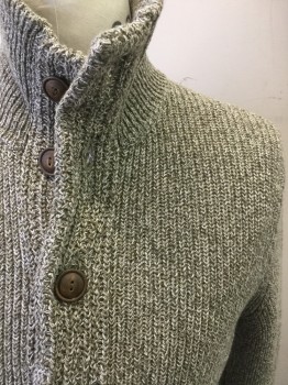 Mens, Cardigan Sweater, J CREW, Lt Olive Grn, Olive Green, White, Cotton, 2 Color Weave, 36/38, Small, 8  Buttons,  2 Pockets, Tall Collar