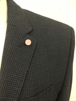 Mens, Sportcoat/Blazer, TED BAKER, Black, Cream, Polyester, Viscose, Grid , 36S, Black with Cream Dotted Grid, Single Breasted, Collar Attached, Notched Lapel, 3 Pockets, Solid Black Piping at Collar/Pockets