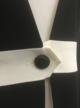 LIZ CLAIBORNE, Black, White, Acetate, Polyester, Solid, Color Blocking, Crepe with 2" Wide White Waistband, White Attached Under Layer, Long Sleeves, Padded Shoulders, White Layer is Scoop Neck, Black Layer is V-neck with 1 Black Button at Center Front Waist, Knee Length, Center Back Zipper,