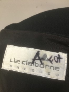 LIZ CLAIBORNE, Black, White, Acetate, Polyester, Solid, Color Blocking, Crepe with 2" Wide White Waistband, White Attached Under Layer, Long Sleeves, Padded Shoulders, White Layer is Scoop Neck, Black Layer is V-neck with 1 Black Button at Center Front Waist, Knee Length, Center Back Zipper,
