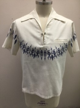 SEARS HAWAIIAN , Cream, Navy Blue, Rayon, Polyester, Hawaiian Print, Novelty Pattern, Cream Linen-like Texture with Navy Tiki Polynesian Inspired Graphic Horizontally Across Chest and Outer Sleeves, Short Sleeves, Collar Attached, V-neck with 2 Silver Buttons with Loop Closure, 1 Welt Pocket, 1960's