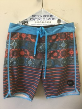 Mens, Swim Trunks, RVCA, Dk Gray, Turquoise Blue, Red, Cotton, Polyester, Geometric, Stripes - Horizontal , W:30, Dark Gray/Red/Turquoise Geometric Square Tiles Pattern, Bottom is Horizontal Stripes, 1.5" Wide Solid Turquoise Waistband and Turquoise Trim at Side Seams and Leg Openings, Lace Up Drawstring Waist, 9.5" Inseam