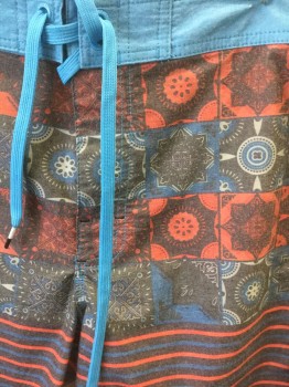 Mens, Swim Trunks, RVCA, Dk Gray, Turquoise Blue, Red, Cotton, Polyester, Geometric, Stripes - Horizontal , W:30, Dark Gray/Red/Turquoise Geometric Square Tiles Pattern, Bottom is Horizontal Stripes, 1.5" Wide Solid Turquoise Waistband and Turquoise Trim at Side Seams and Leg Openings, Lace Up Drawstring Waist, 9.5" Inseam