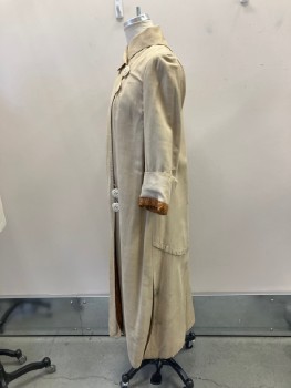 N/L, Beige, Rayon, Cotton, Solid, Beige Coat with Burnt Orange Paisley Brocade Facing On Collar and Cuffs. 5 Large Ivory Button Closure. Shawl Collar, Old Button Stains at Side Lower,