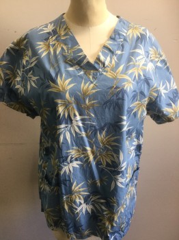 UNIFORMS HAWAII, Blue, Dusty Blue, Cream, Beige, Poly/Cotton, Leaves/Vines , Short Sleeves, V-neck, 2 Pockets, Palm Leaves