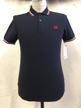 FRED PERRY, Navy Blue, White, Red, Cotton, Solid, Stripes, Navy, White/red Stripped Trim, Short Sleeves,
