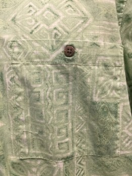 ISLAND SHORES, Lt Green, Green, White, Cotton, Hawaiian Print, Short Sleeves, Collar Attached, 1 Patch Pocket, Button Front, *DOUBLE*
