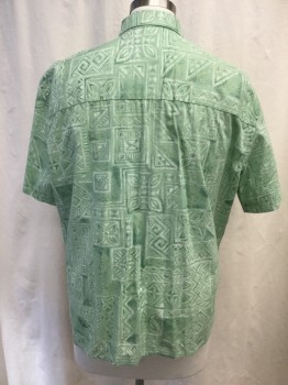 ISLAND SHORES, Lt Green, Green, White, Cotton, Hawaiian Print, Short Sleeves, Collar Attached, 1 Patch Pocket, Button Front, *DOUBLE*