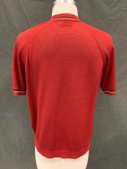 MCGREGOR SPORTSWEAR, Red, Black, Mustard Yellow, Synthetic, Speckled, Red with Black Speckles, Black/Mustard Stripe at Collar and Cuff, Ribbed Knit Crew Neck/Cuff/Waistband, Raglan Short Sleeves, *couple of Snags at Right Shoulder and Near Left Side Seam and Slight Shoulder Burn*