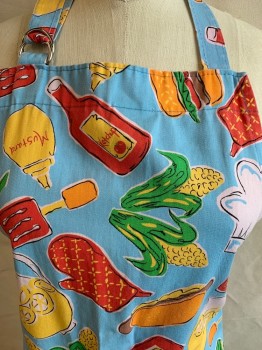 N/L, Turquoise Blue, Dk Orange, Mustard Yellow, Green, Brown, Polyester, Cotton, Novelty Pattern, Turquoise with Picnic Food Print, 2 Pockets, Adjustable Neck Strap, Self Tie Back