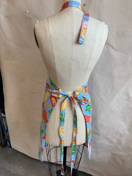 N/L, Turquoise Blue, Dk Orange, Mustard Yellow, Green, Brown, Polyester, Cotton, Novelty Pattern, Turquoise with Picnic Food Print, 2 Pockets, Adjustable Neck Strap, Self Tie Back