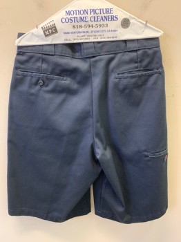 Mens, Shorts, DICKIES, Navy Blue, Poly/Cotton, Solid, W34, Zip Front, Flat Front, 2 Slant Pockets, 2 Back Pockets with a Button, Side Welt Pocket, Logo at Hem