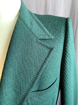 Mens, Sportcoat/Blazer, DORMAN WINTHROP, Dk Green, Polyester, Solid, 42R, Jagged Stripe Weave, Single Breasted, Collar Attached, Notched Lapel, 3 Pockets, Long Sleeves, Button Tab Cuff, Tab Attached Back Waist Band, 1970's