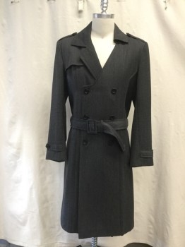 Mens, Coat, Trenchcoat, MTO, Heather Gray, Cotton, 38, Twill, DB. Asymmetrical Notched Lapel And Detached Front Yoke, Epaulets, Black Leather Side Panels, 2 Pockets, Long Sleeves, Button Tabs at Cuffs, Self Buckle Belt And Belt Loops, Multiple