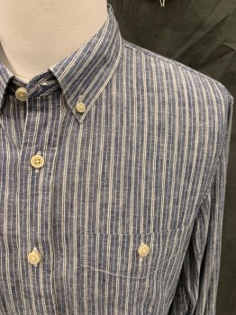 7 FOR ALL MANKIND, Denim Blue, White, Cotton, Stripes - Vertical , Button Front, Collar Attached, Button Down Collar, 2 Pockets, Long Sleeves, Button Cuff