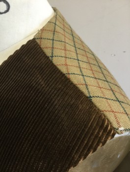 FACONNABLE, Brown, Cotton, Wool, Solid, Grid , Corduroy Front, Back is Caramel with Rust and Dark Green Grid Pattern Wool, 5 Buttons, 4 Pockets, Self Belted Back