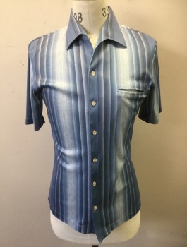 N/L, Slate Blue, Lt Blue, Polyester, Stripes - Vertical , Shades of Dove Blue Stripes in Gradient Light to Dark Pattern, Short Sleeve Button Front, Collar Attached, 1 Welt Pocket