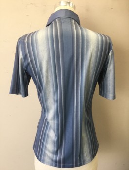 N/L, Slate Blue, Lt Blue, Polyester, Stripes - Vertical , Shades of Dove Blue Stripes in Gradient Light to Dark Pattern, Short Sleeve Button Front, Collar Attached, 1 Welt Pocket