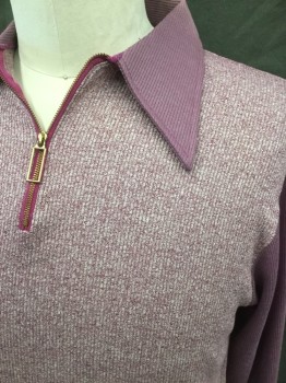 KMART, Lilac Purple, Polyester, Cotton, Heathered, Solid, Heather Ribbed Knit Body, Solid Lilac Collar Attached/Long Sleeves, 1/4 Zip Front, *some Shoulder Burn on Collar*,