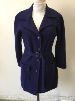 FASHIONELLE, Navy Blue, Acrylic, Solid, 4 Button Front, Notched Lapel, 2 Patch Pocket,  Self Belt, 3/4 Length, Knit