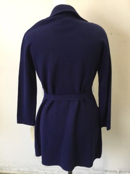 Womens, Coat, FASHIONELLE, Navy Blue, Acrylic, Solid, B. 38, M, 4 Button Front, Notched Lapel, 2 Patch Pocket,  Self Belt, 3/4 Length, Knit