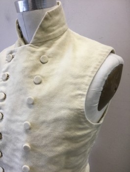 MBA LTD, Cream, Cotton, Solid, Military Uniform Vest, Brushed Twill, Double Breasted, Self Fabric Covered Buttons, Stand Collar, Self Twill Ties in Back, Aged/Distressed, Made To Order Historical Early 1800's Reproduction