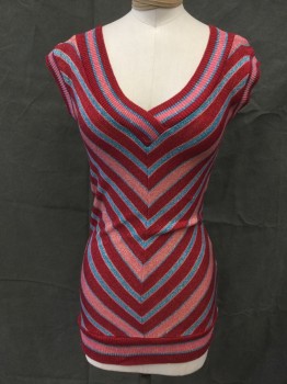 MATRI, Red, Pink, Teal Blue, Silver, Acrylic, Nylon, Chevron, Knit, Sparkly, Cap Sleeves, V-Neck, Ribbed Cuffs/Waistband