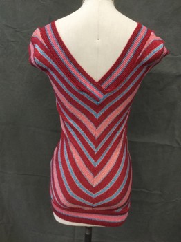 MATRI, Red, Pink, Teal Blue, Silver, Acrylic, Nylon, Chevron, Knit, Sparkly, Cap Sleeves, V-Neck, Ribbed Cuffs/Waistband