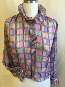 NORDSTROM, Powder Blue, Blue, Beige, Pink, Magenta Pink, Polyester, Stripes - Vertical , Plaid-  Windowpane, Sheer, Self Ruffle Collar Attached, and Button Front Placket, Poet Sleeves